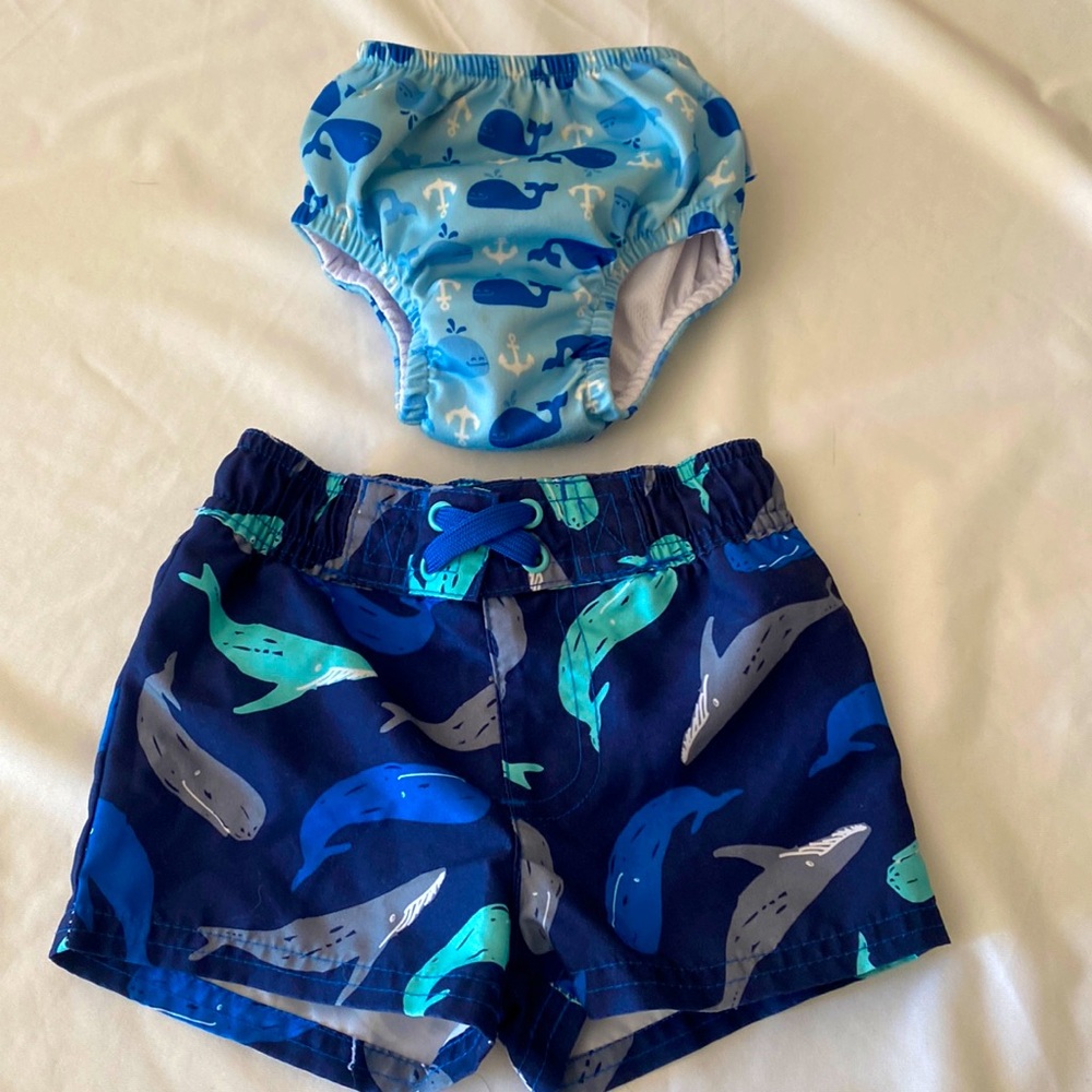 ☀️5/25☀️ Cat & Jack Blue Swim Shorts Sz 6-9 months & Baby Swim Diaper Size 6 Mos